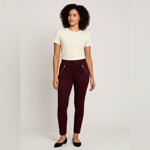 Worthington Ultra Stretch Ponte Skinny Pants Size 8 Burgundy Wine Gold Zipper